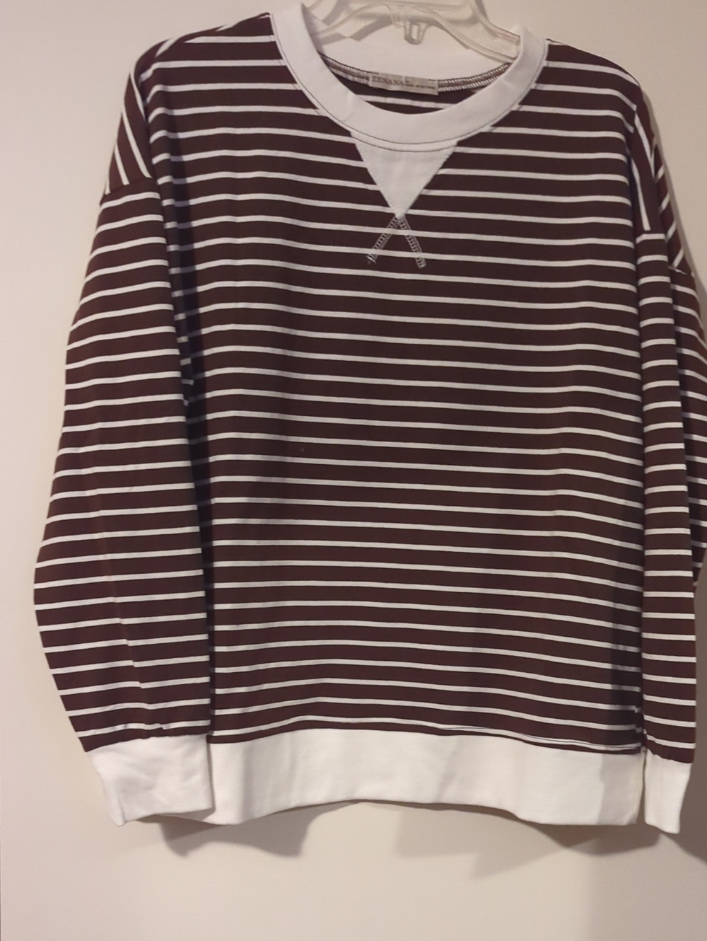 Zenana Outfitters Brown & White Striped Crewneck Sweater